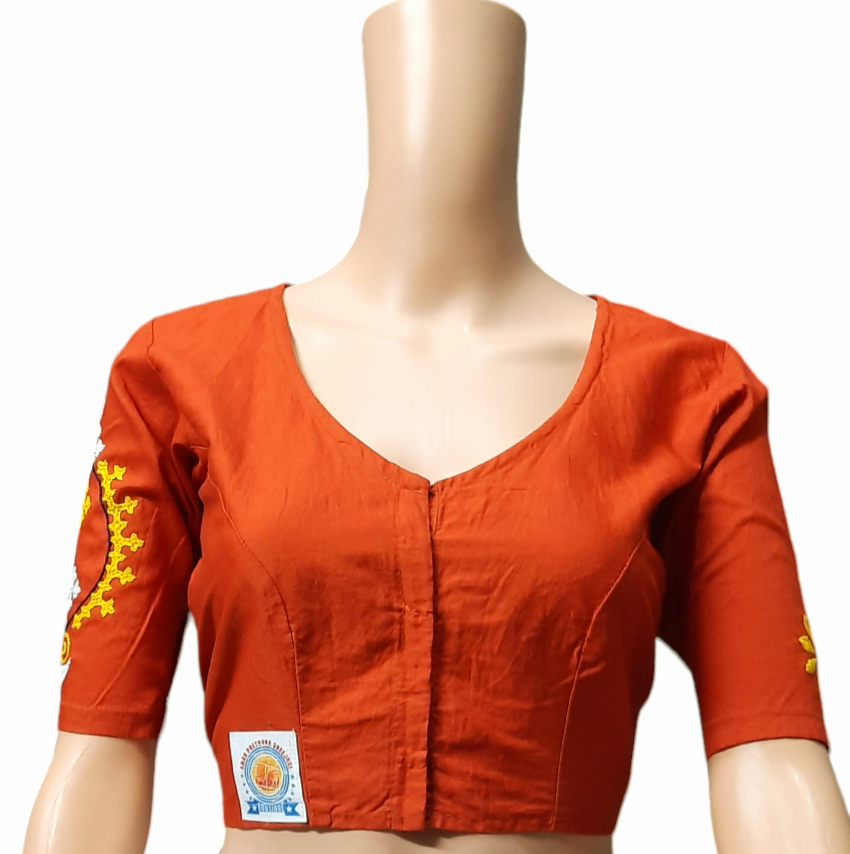 Hand embroided pure cotton orange color front hook round neck blouse
