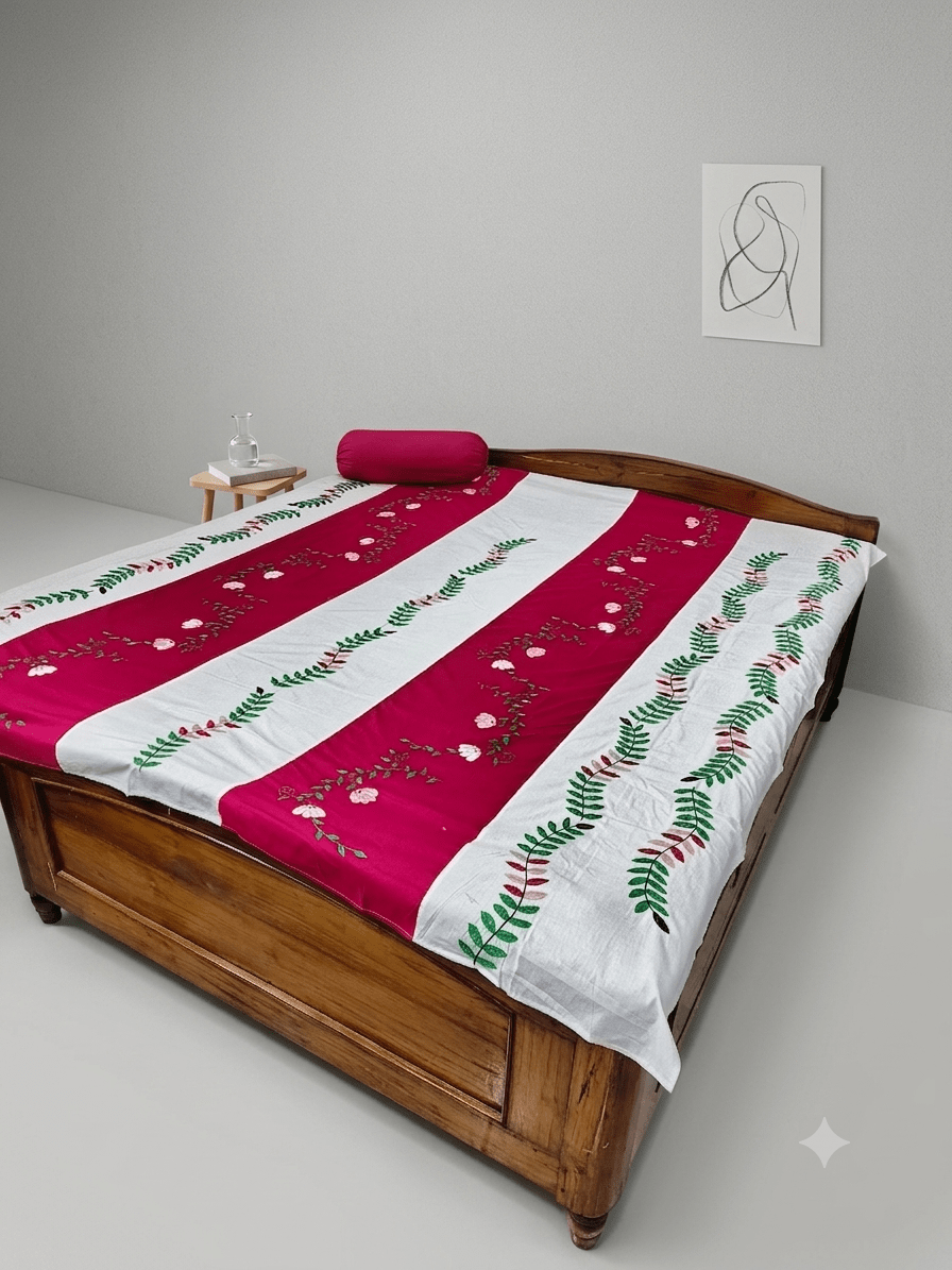 Hand Embroided Pure Cotton white and pink color combination double size bedsheet