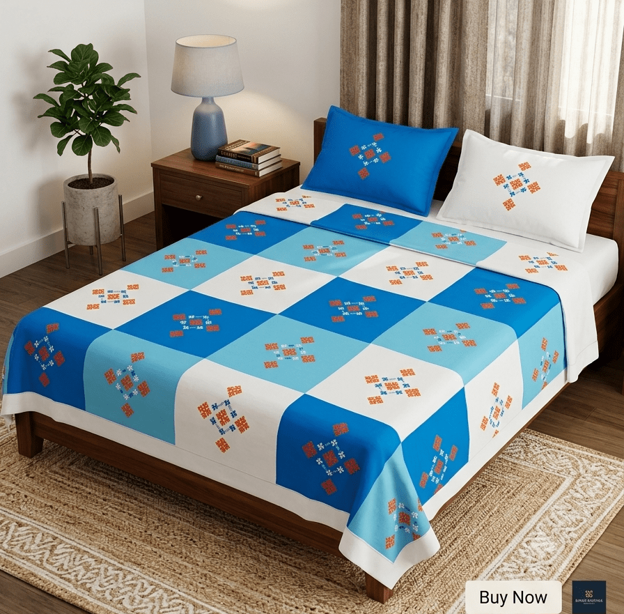 Hand embroided pure cotton gujrati work queen size bedsheet with 2pillow cover