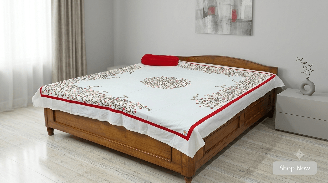 Hand painted pure cotton fabric work white color double size bedsheet