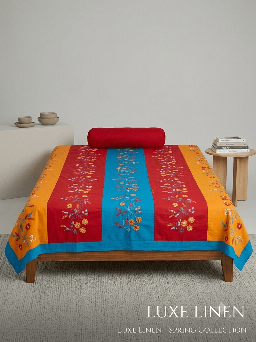 Hand embroided pure cotton multicolor double size bedsheet