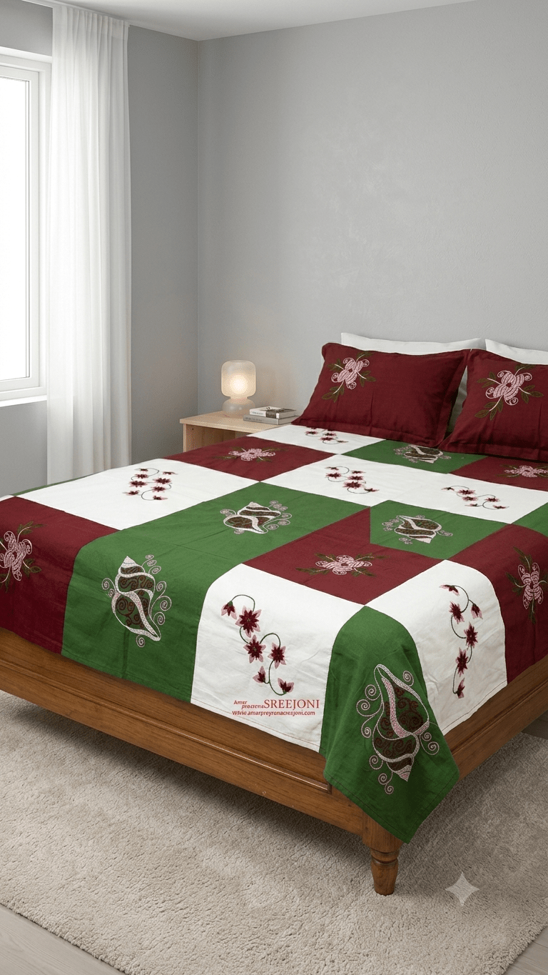 Hand embroided pure cotton queen size bedsheet with 2pillow cover color-off white,green,maroon