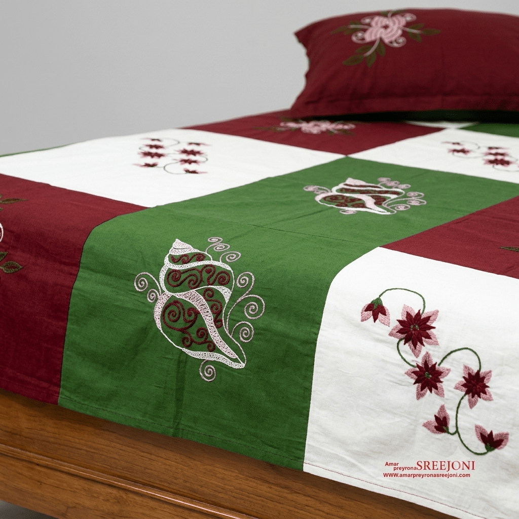 Hand embroided pure cotton queen size bedsheet with 2pillow cover color-off white,green,maroon