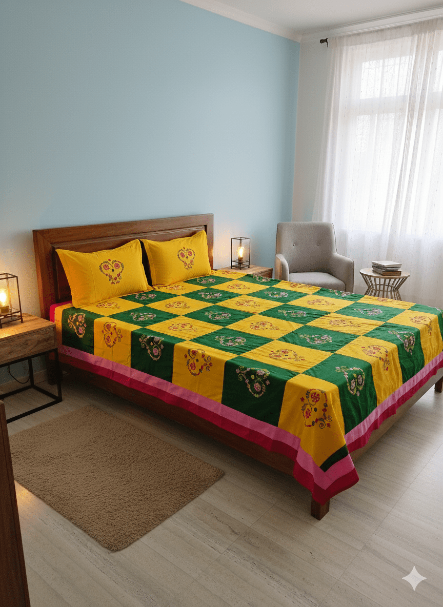Hand embroided pure cotton yellow and green colour combination king size bedsheet