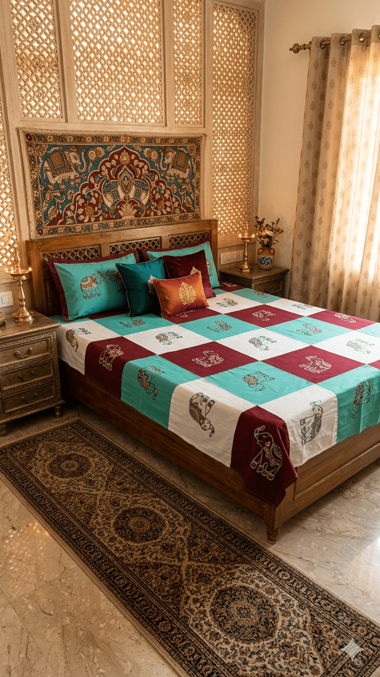 Hand embroided pure cotton maroon,white and green color combination double size bedsheet