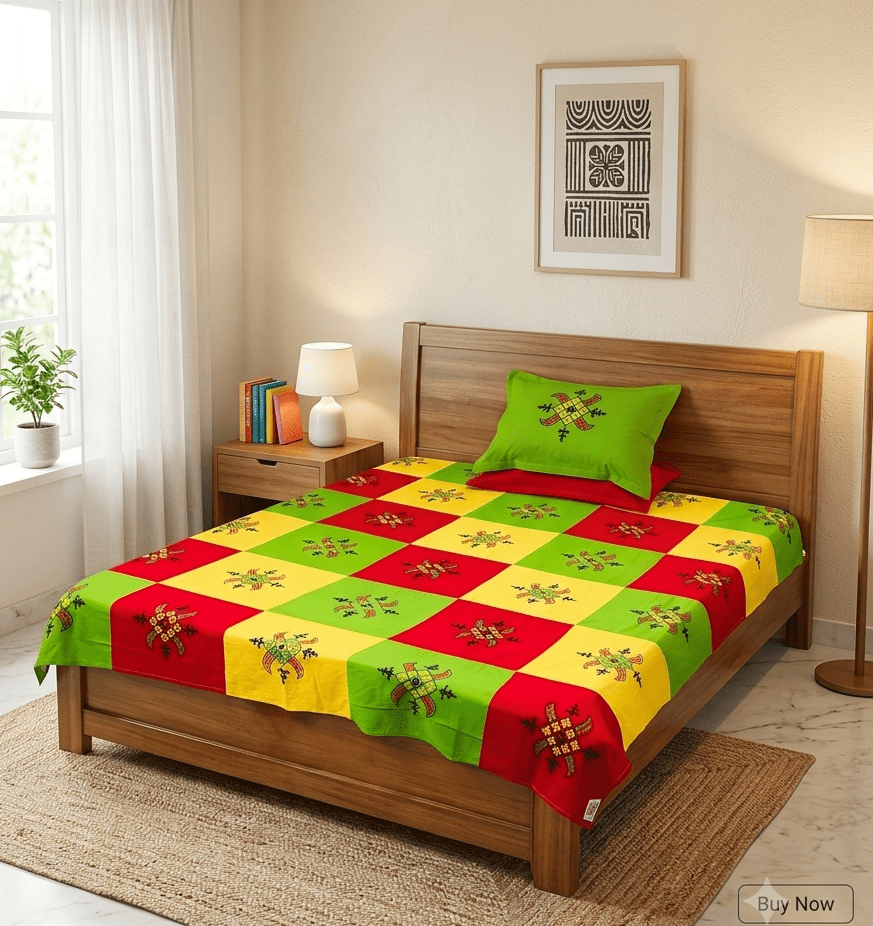 Hand embroided pure cotton queen size red,yellow and green color combination bedsheet with 2pillow cover