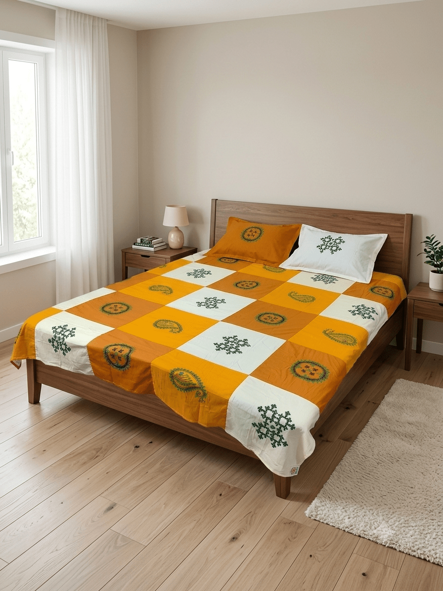 Embroided pure cotton white,yellow,and orange color combination double size bedsheet with 2pillow cover