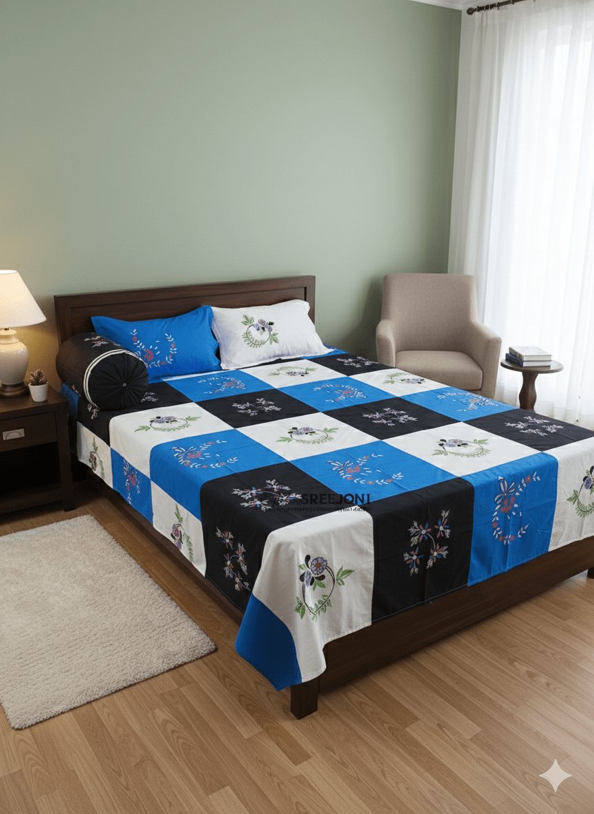 Embroided pure cotton double size bedsheet with 2pillow cover and 1 round pillow cover set