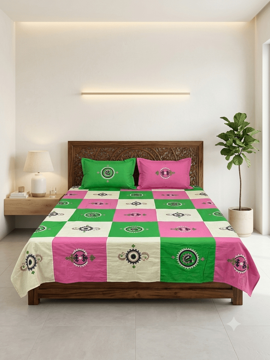 Hand embroided pure cotton gujrati work double size bedsheet with 2pillow cover