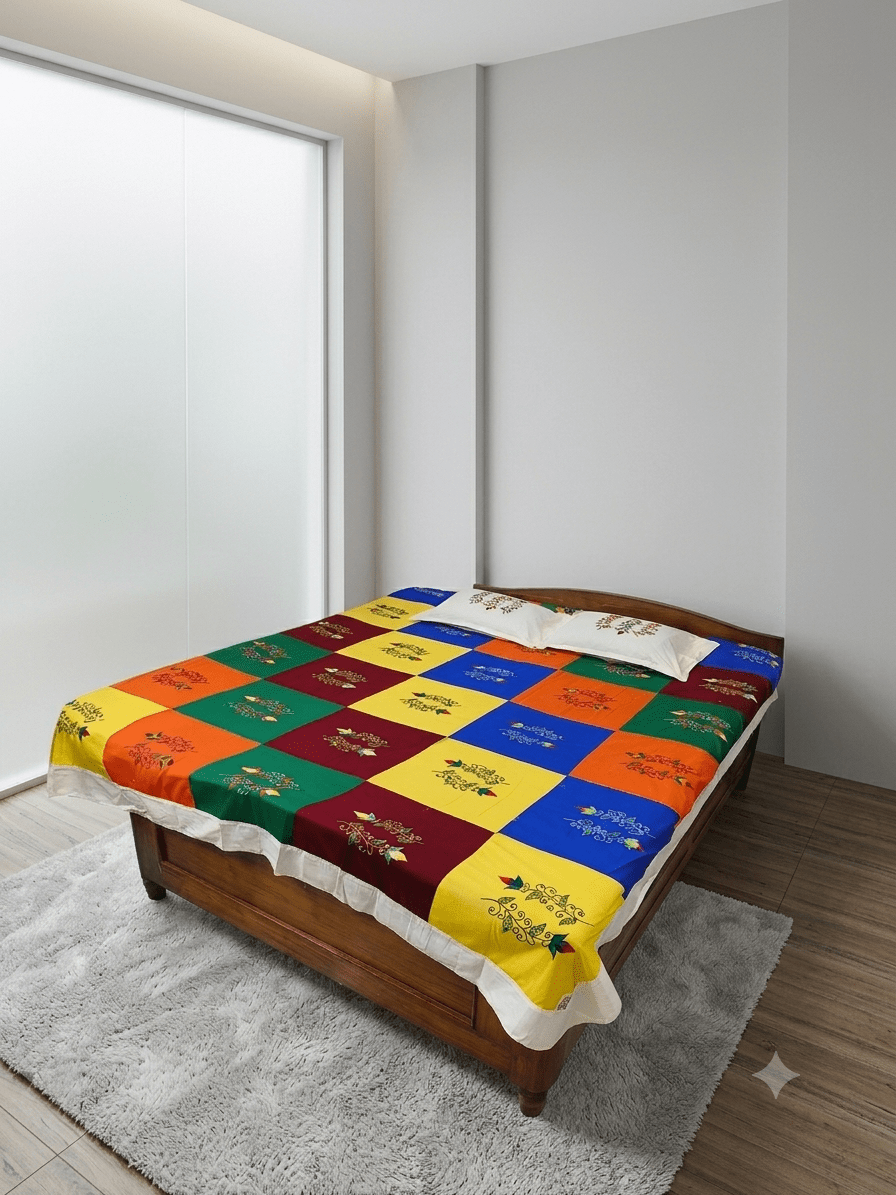 Embroided pure cotton multicolor queen size bedsheet with 2pillow cover