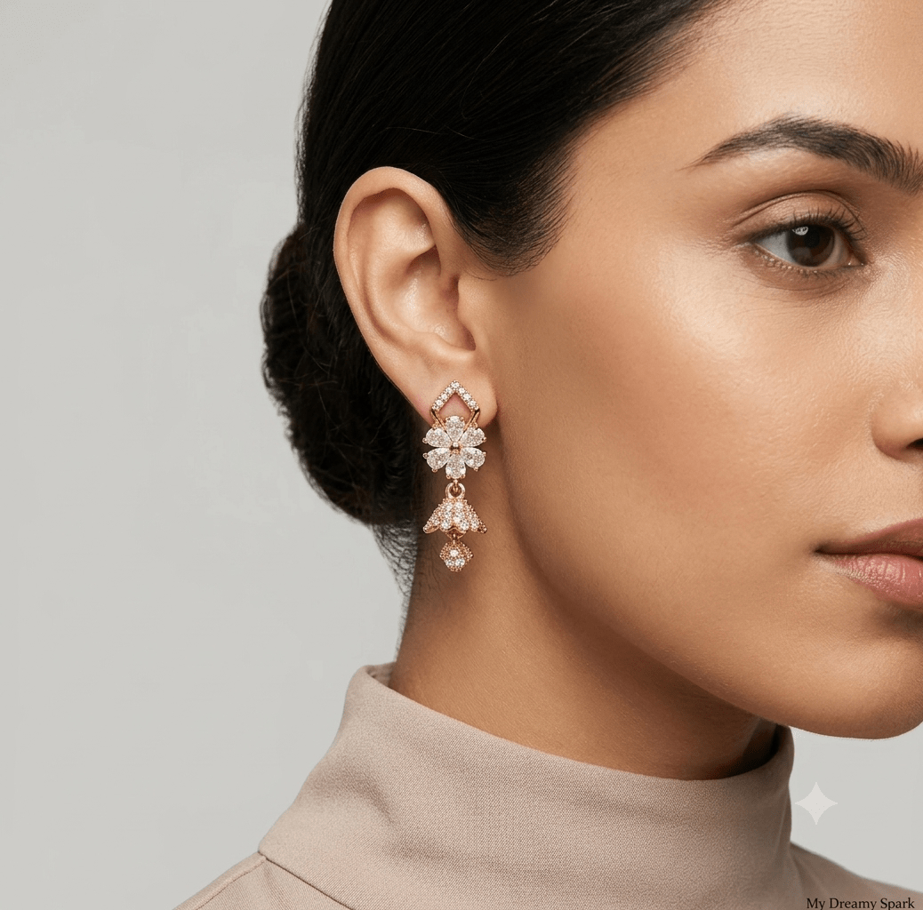 A very beautiful rose gold color ad collection earring sets usable for girls and womens