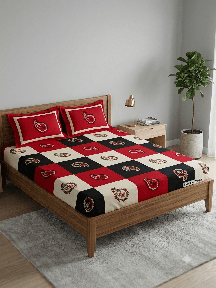 Embroided pure cotton red,offwhite and black color double size bedsheet with 2pillow cover