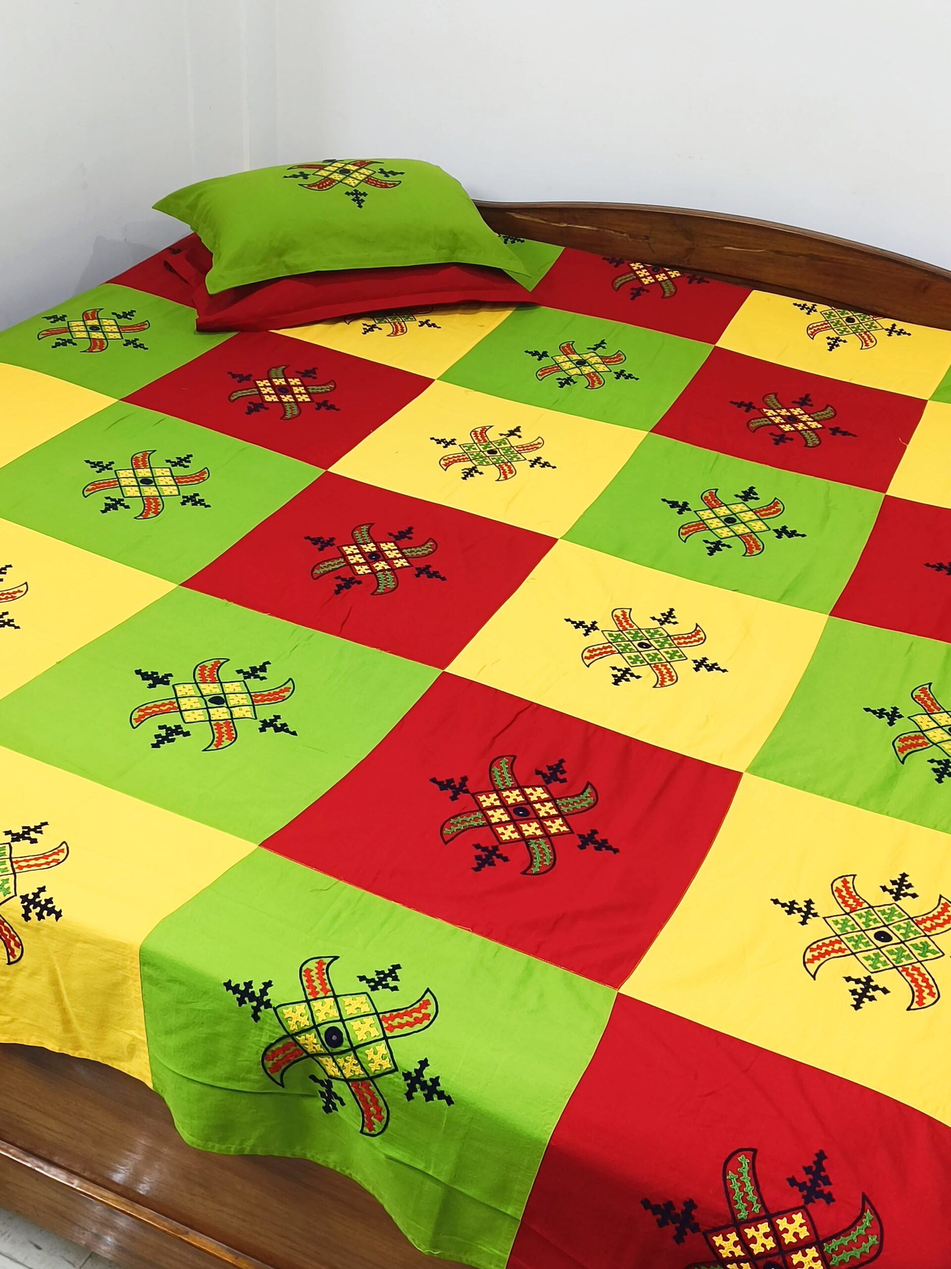 Hand embroided pure cotton queen size red,yellow and green color combination bedsheet with 2pillow cover