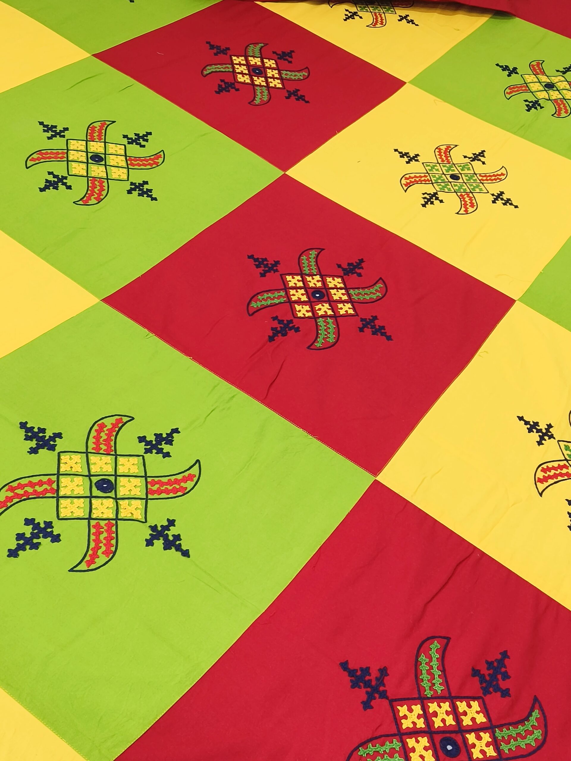 Hand embroided pure cotton queen size red,yellow and green color combination bedsheet with 2pillow cover
