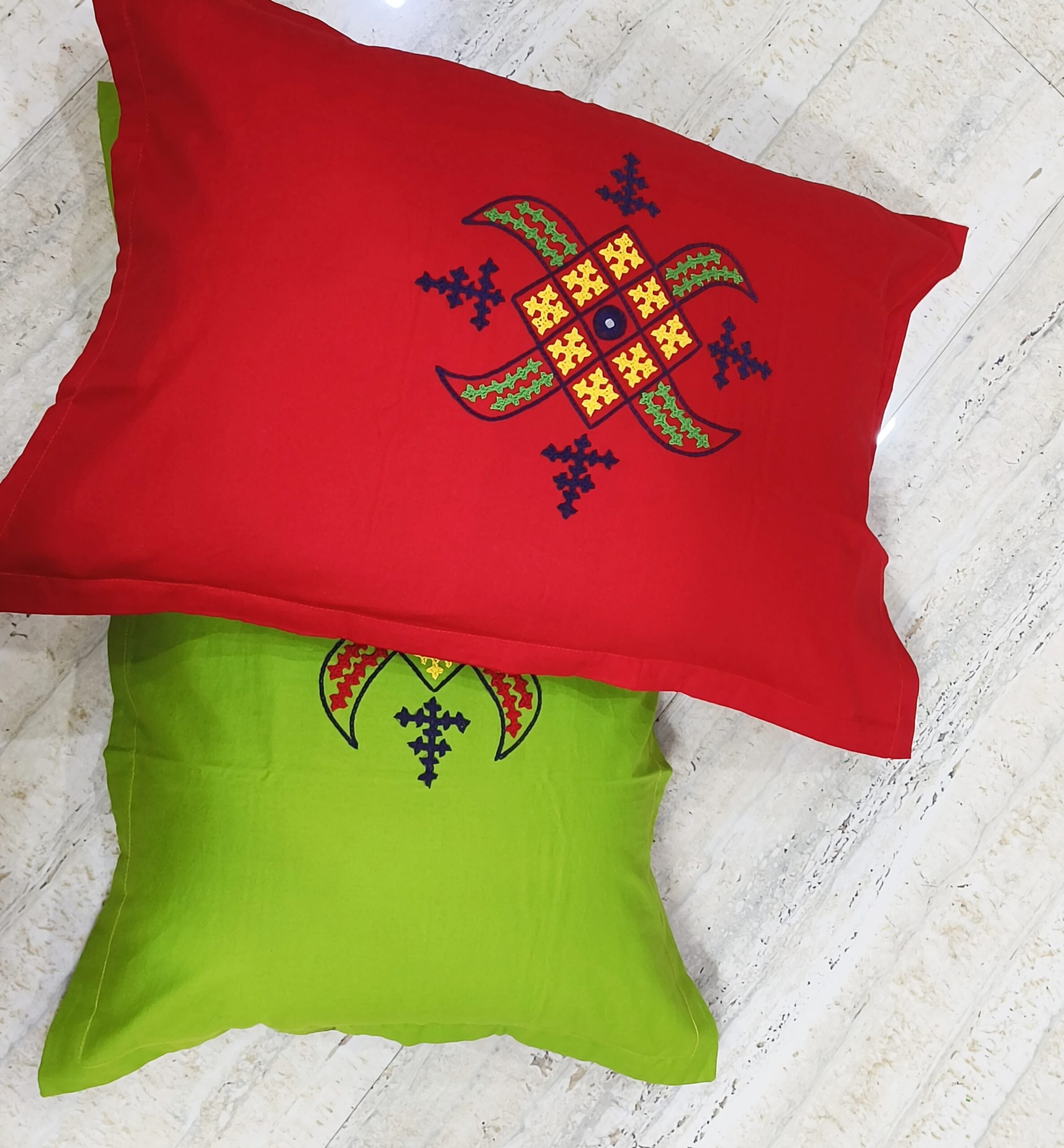 Hand embroided pure cotton queen size red,yellow and green color combination bedsheet with 2pillow cover