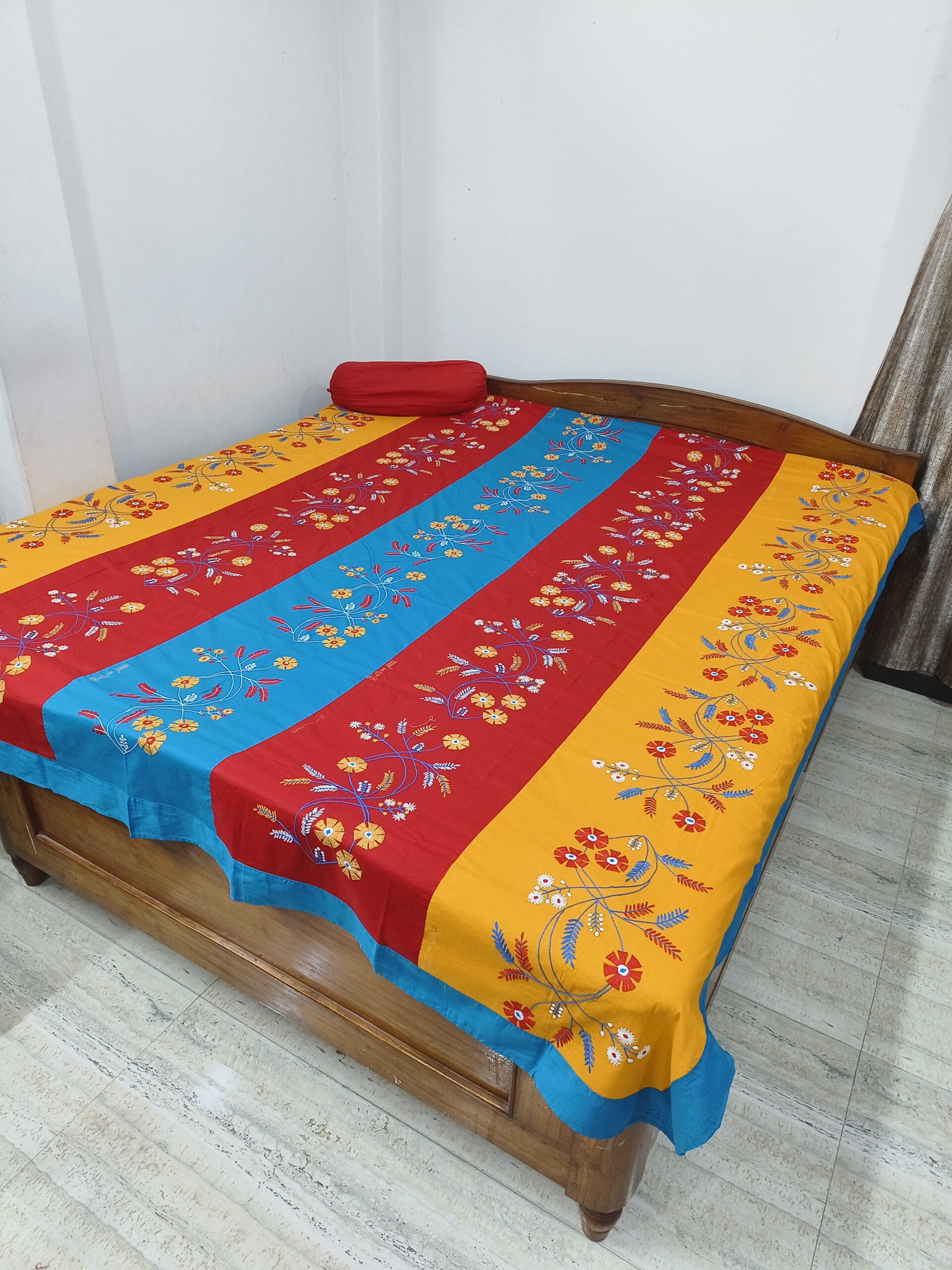Hand embroided pure cotton multicolor double size bedsheet