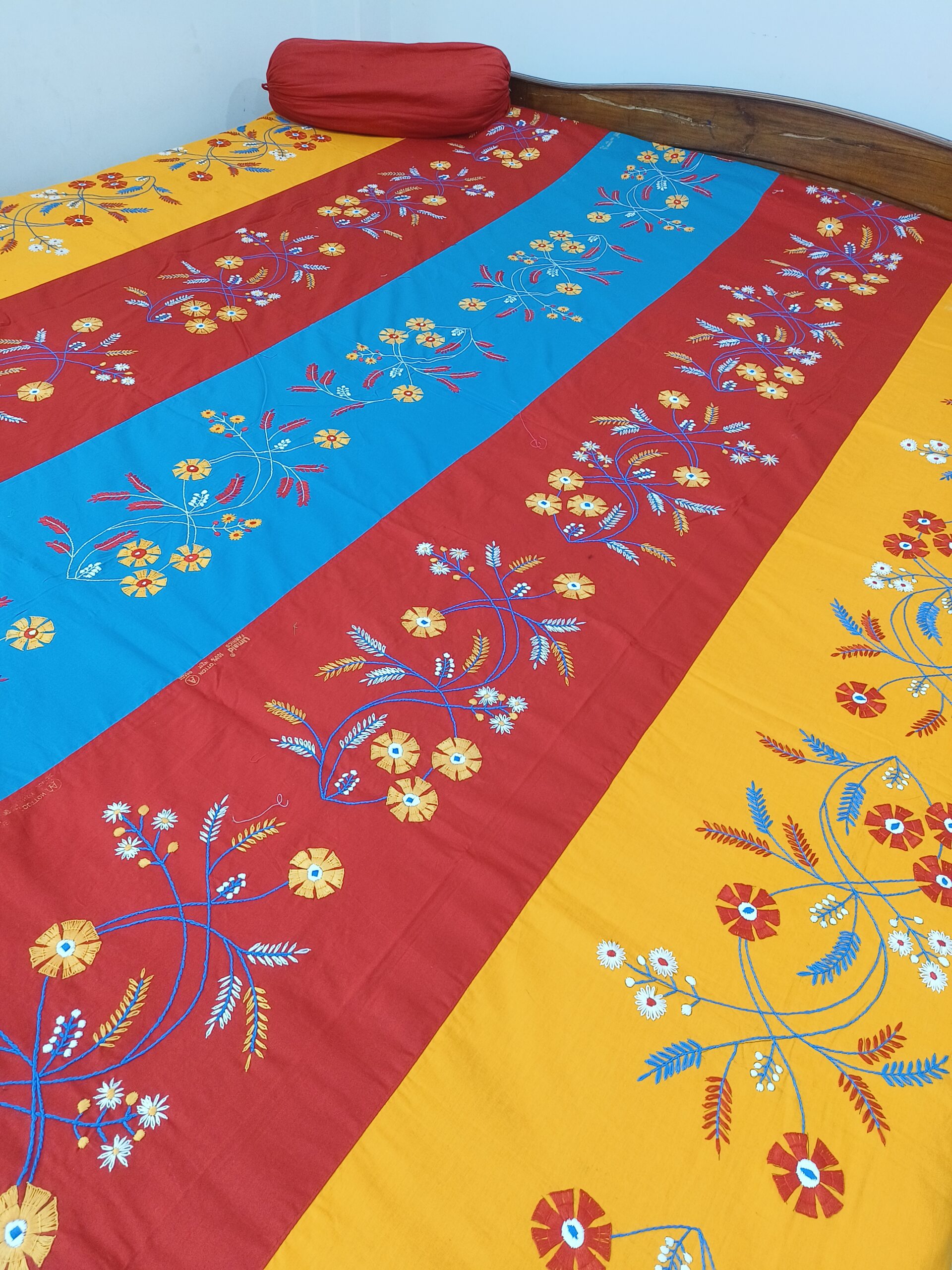 Hand embroided pure cotton multicolor double size bedsheet