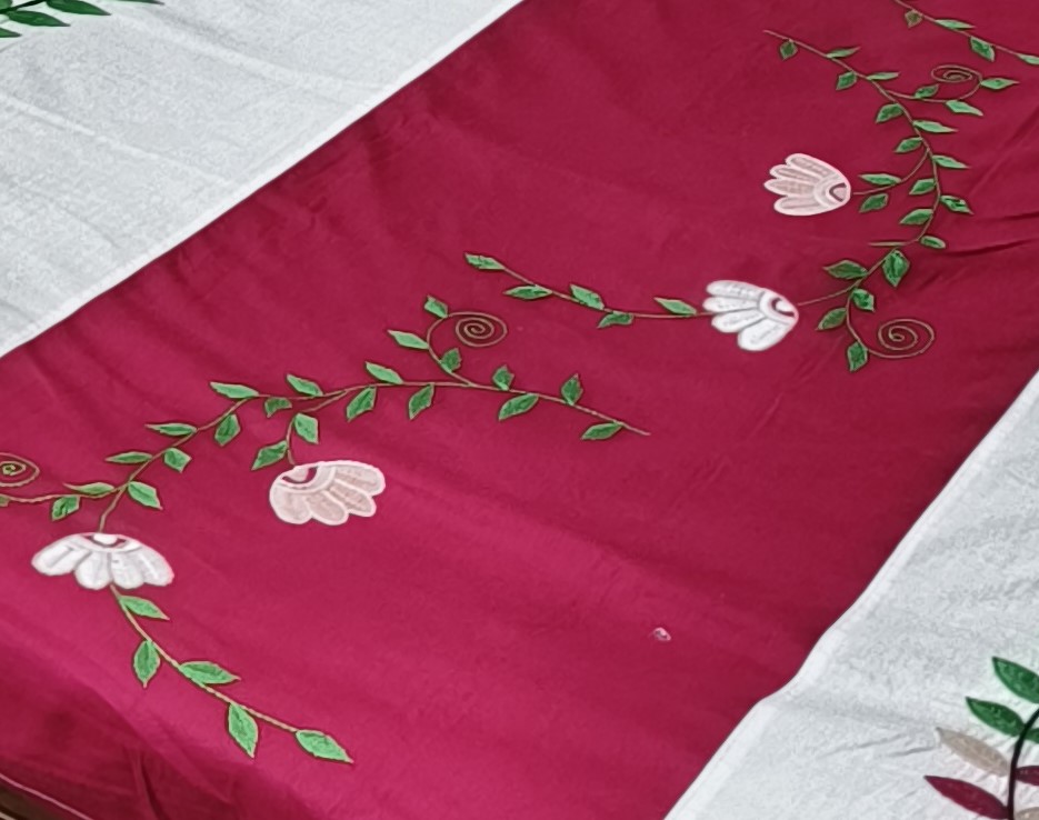 Hand Embroided Pure Cotton white and pink color combination double size bedsheet