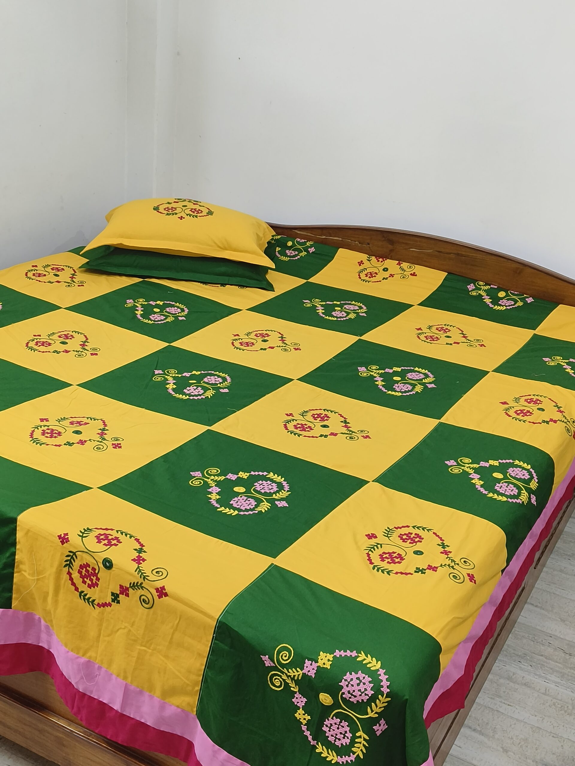 Hand embroided pure cotton yellow and green colour combination king size bedsheet