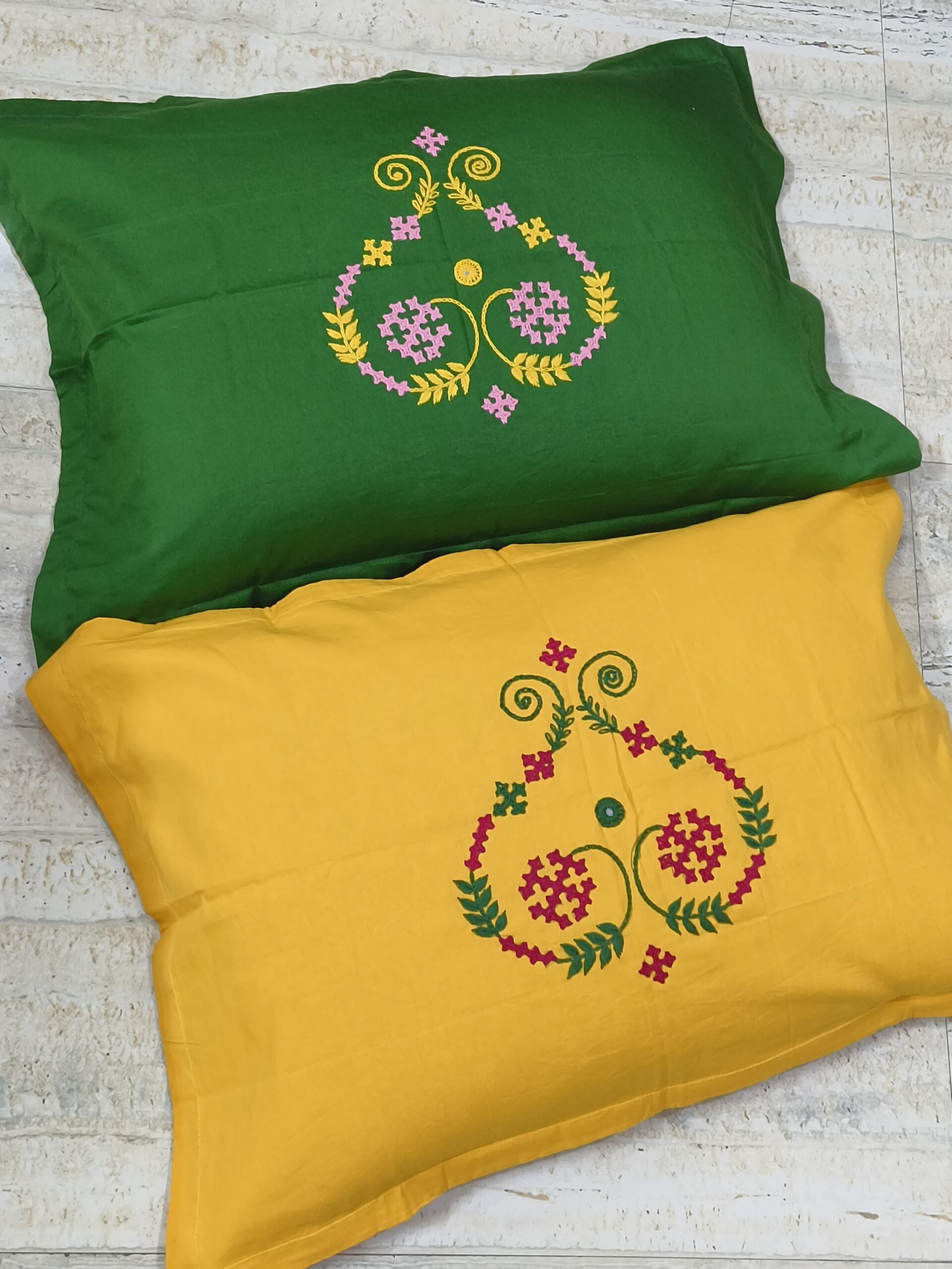 Hand embroided pure cotton yellow and green colour combination king size bedsheet