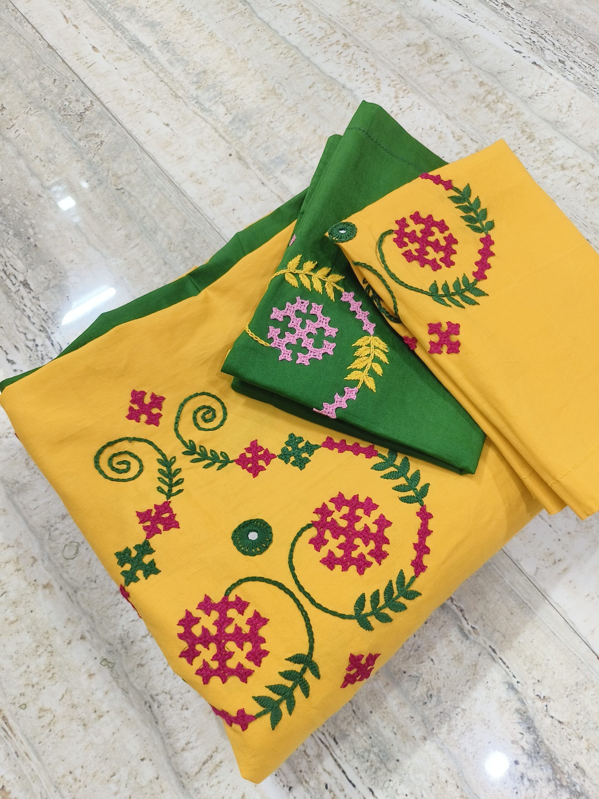 Hand embroided pure cotton yellow and green colour combination king size bedsheet