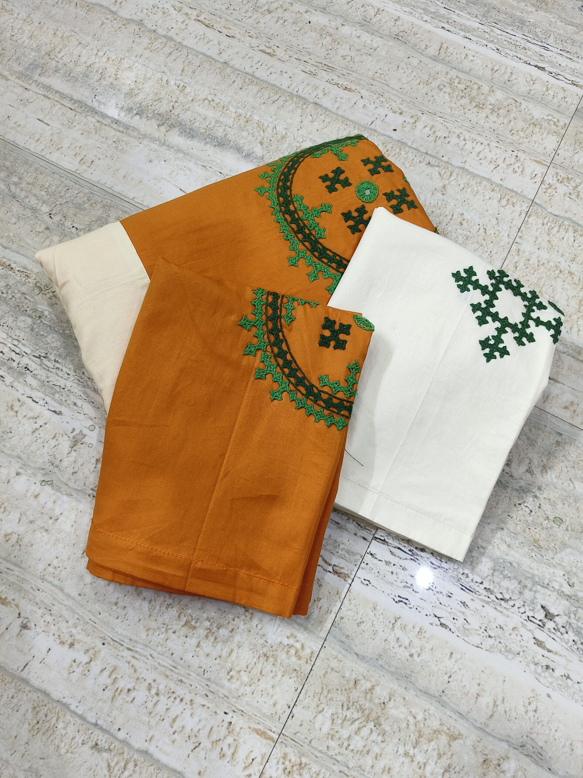 Embroided pure cotton white,yellow,and orange color combination double size bedsheet with 2pillow cover
