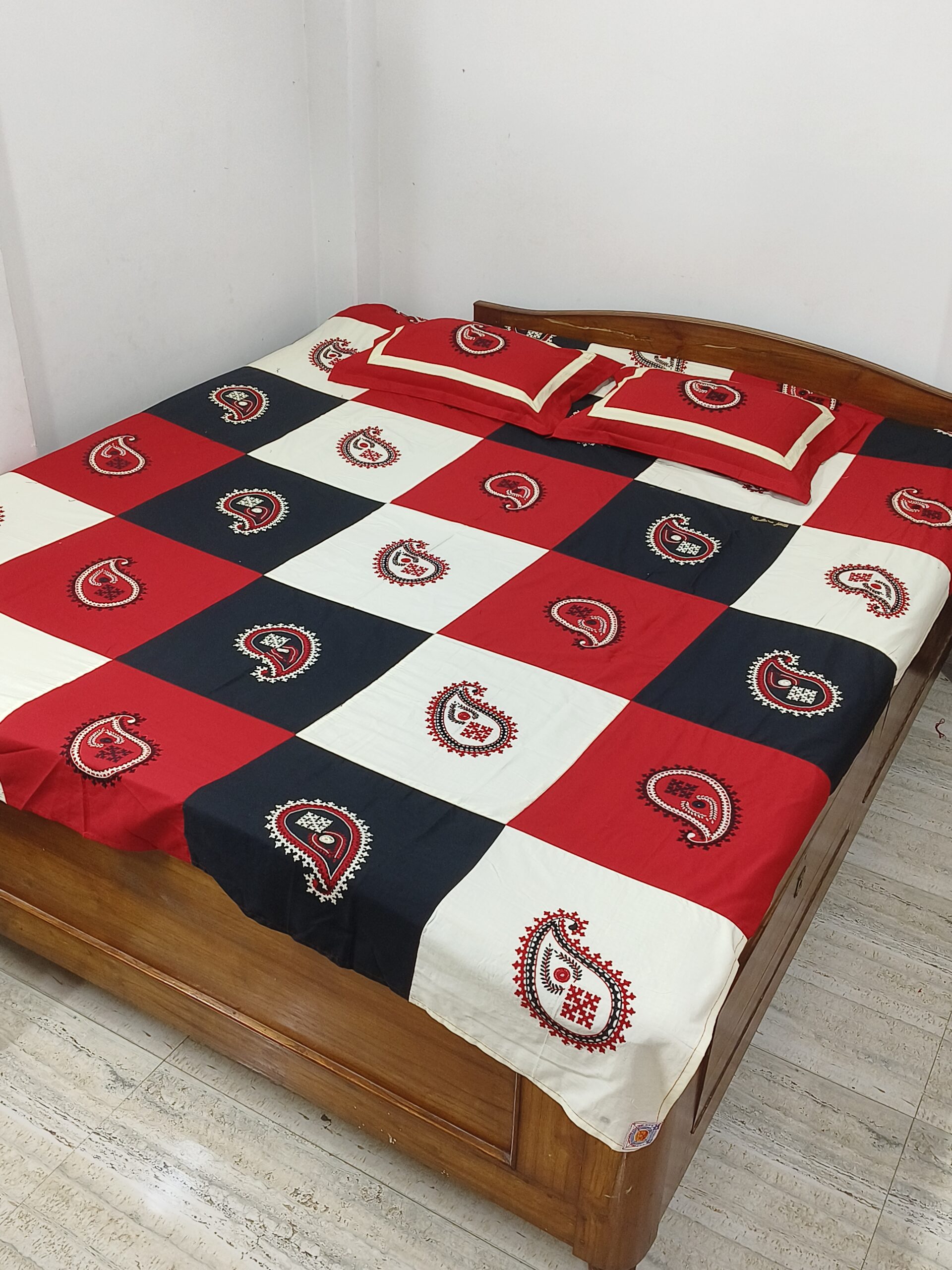 Embroided pure cotton red,offwhite and black color double size bedsheet with 2pillow cover