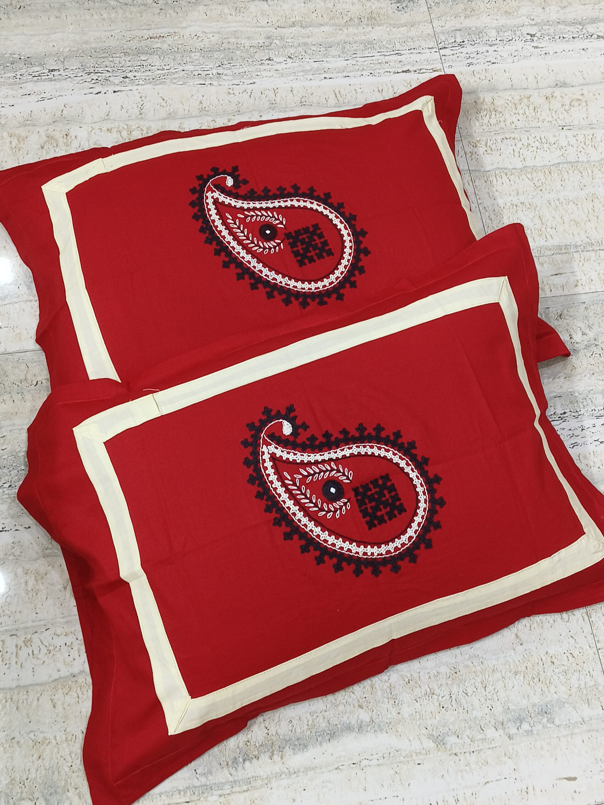Embroided pure cotton red,offwhite and black color double size bedsheet with 2pillow cover