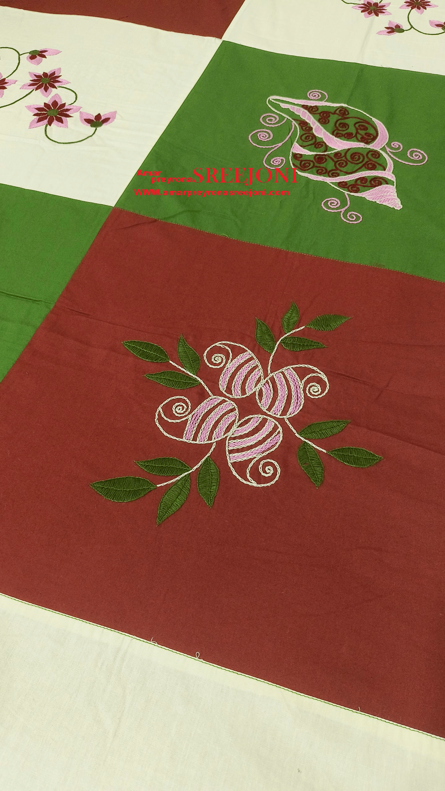 Hand embroided pure cotton queen size bedsheet with 2pillow cover color-off white,green,maroon