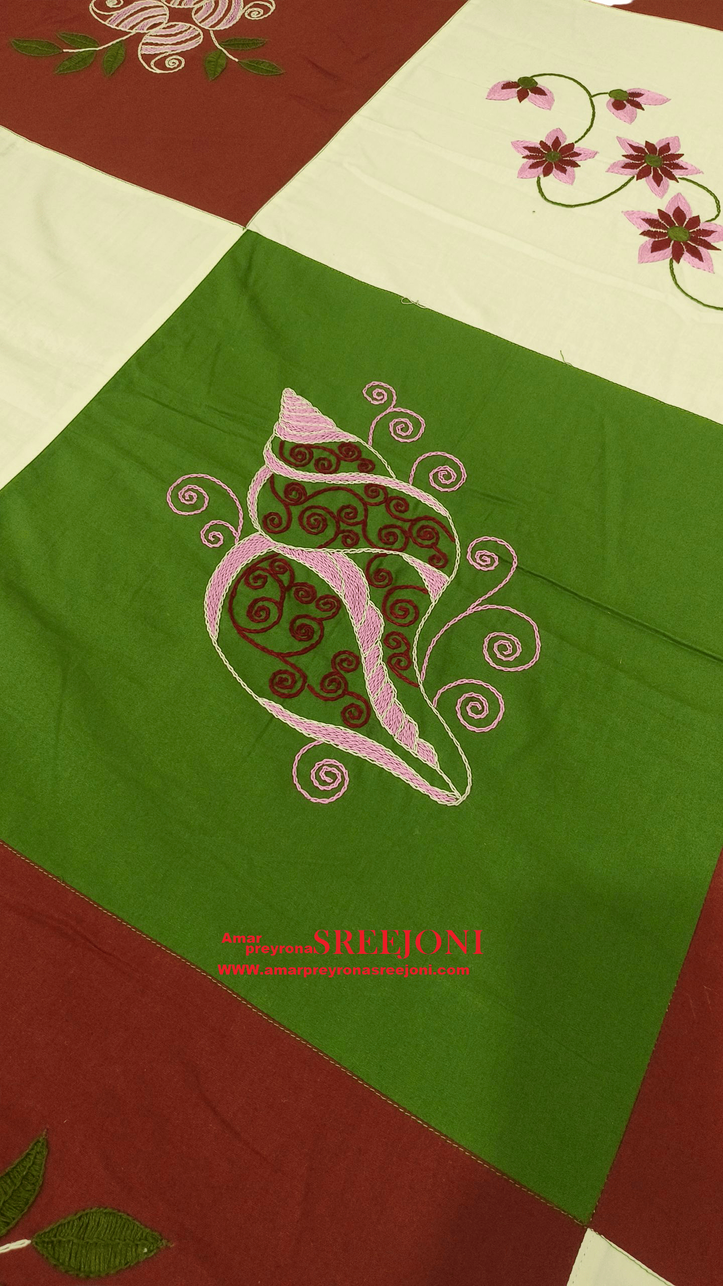 Hand embroided pure cotton queen size bedsheet with 2pillow cover color-off white,green,maroon