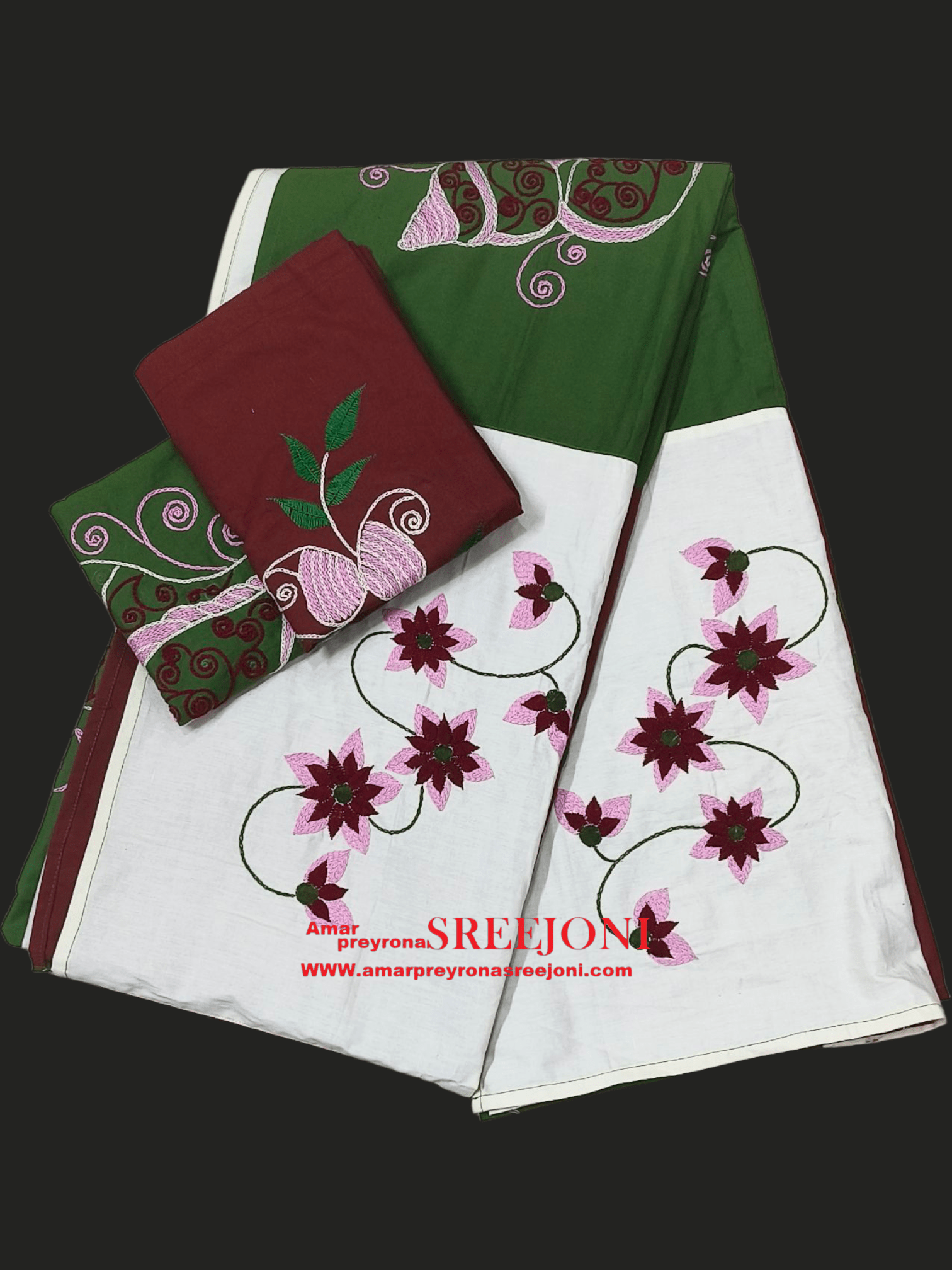 Hand embroided pure cotton queen size bedsheet with 2pillow cover color-off white,green,maroon