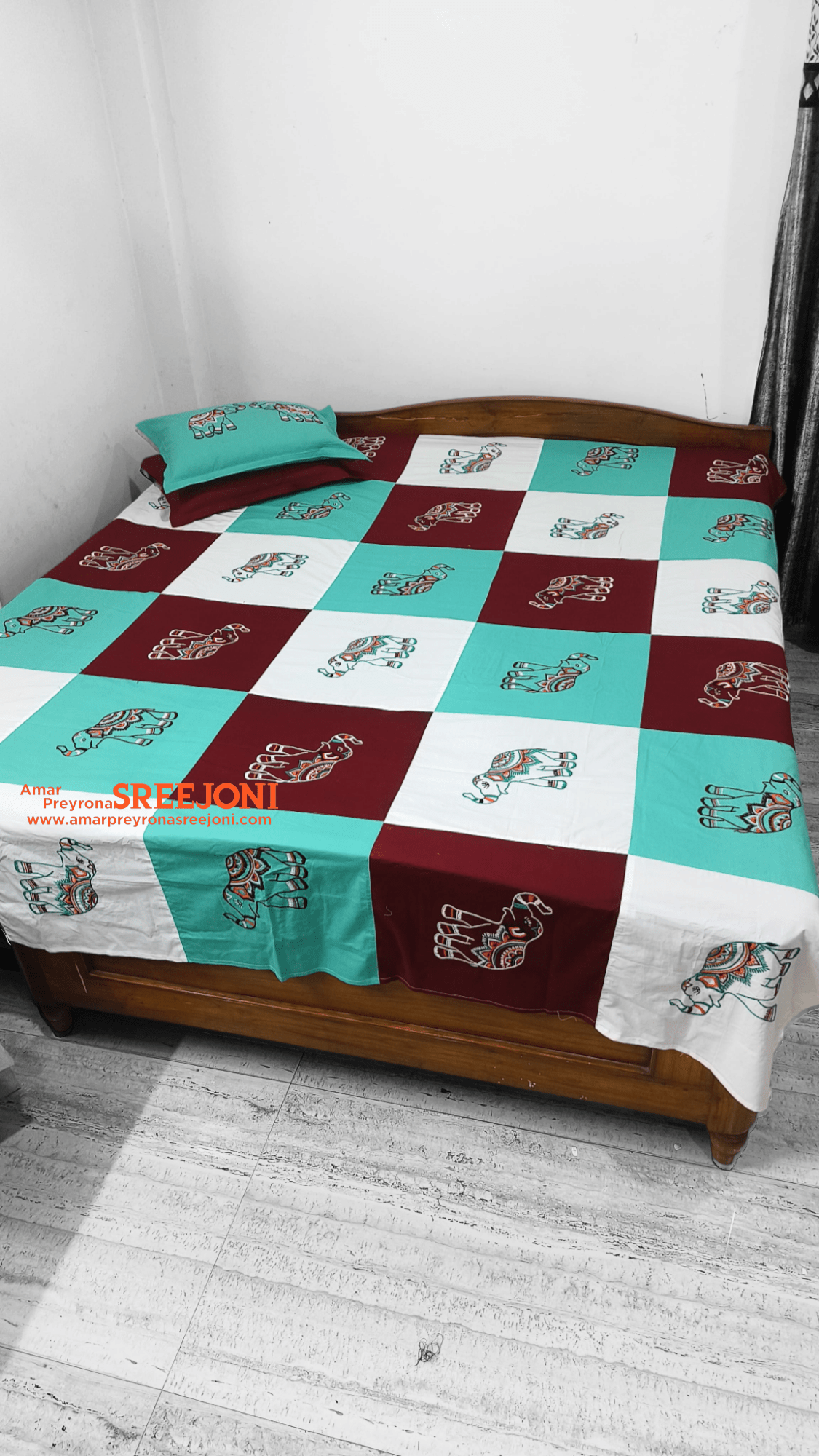 Hand embroided pure cotton maroon,white and green color combination double size bedsheet