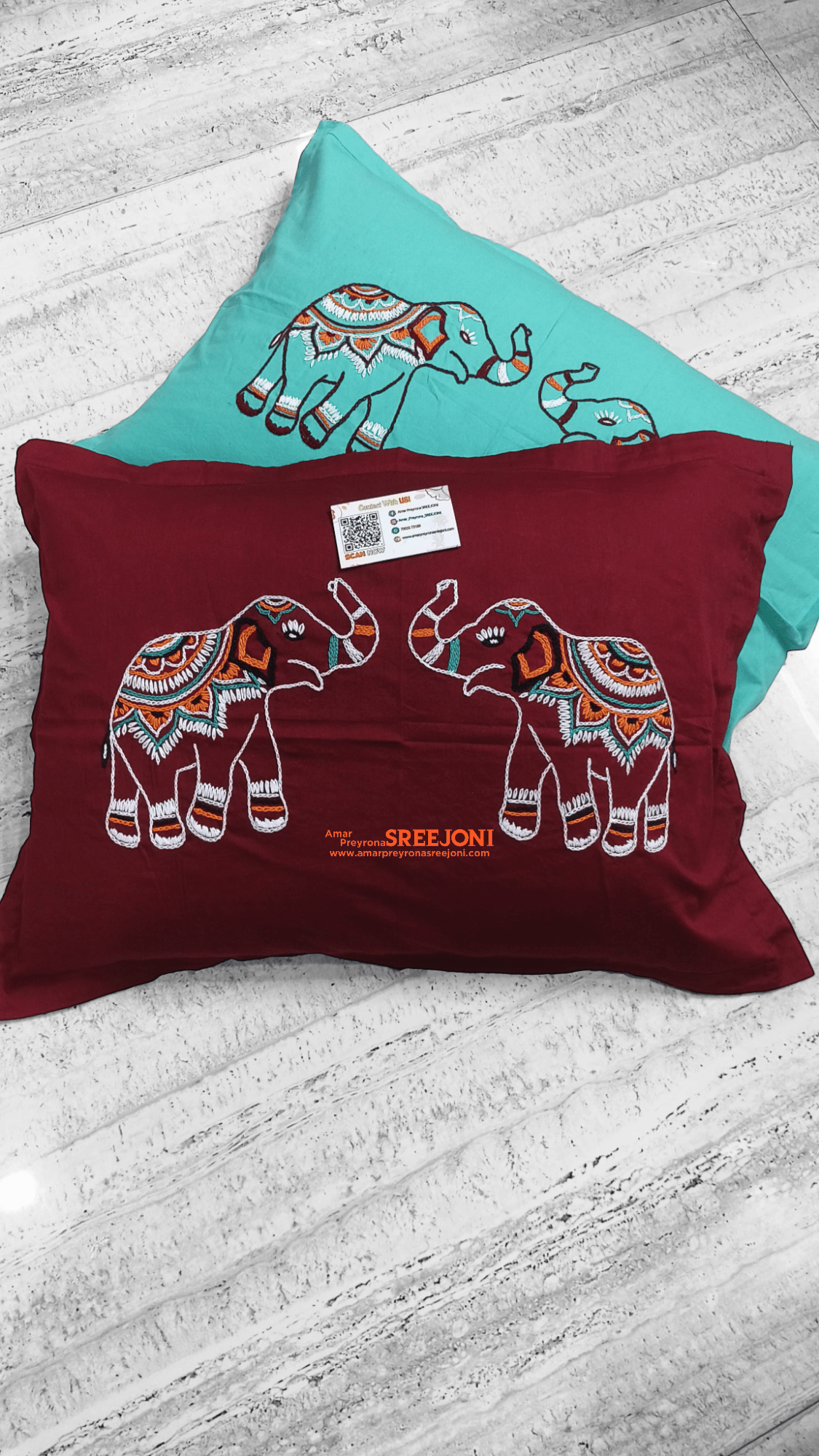 Hand embroided pure cotton maroon,white and green color combination double size bedsheet
