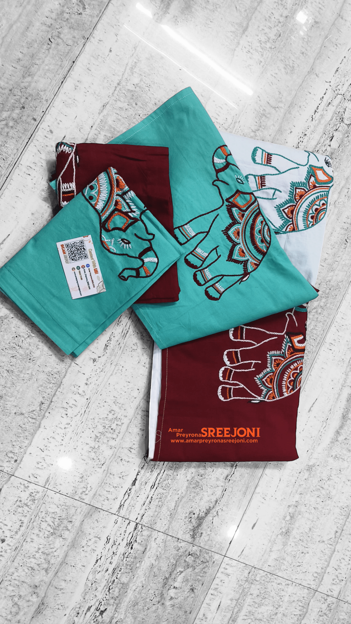 Hand embroided pure cotton maroon,white and green color combination double size bedsheet