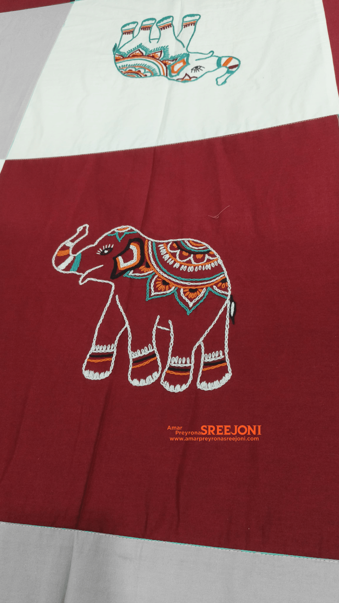 Hand embroided pure cotton maroon,white and green color combination double size bedsheet