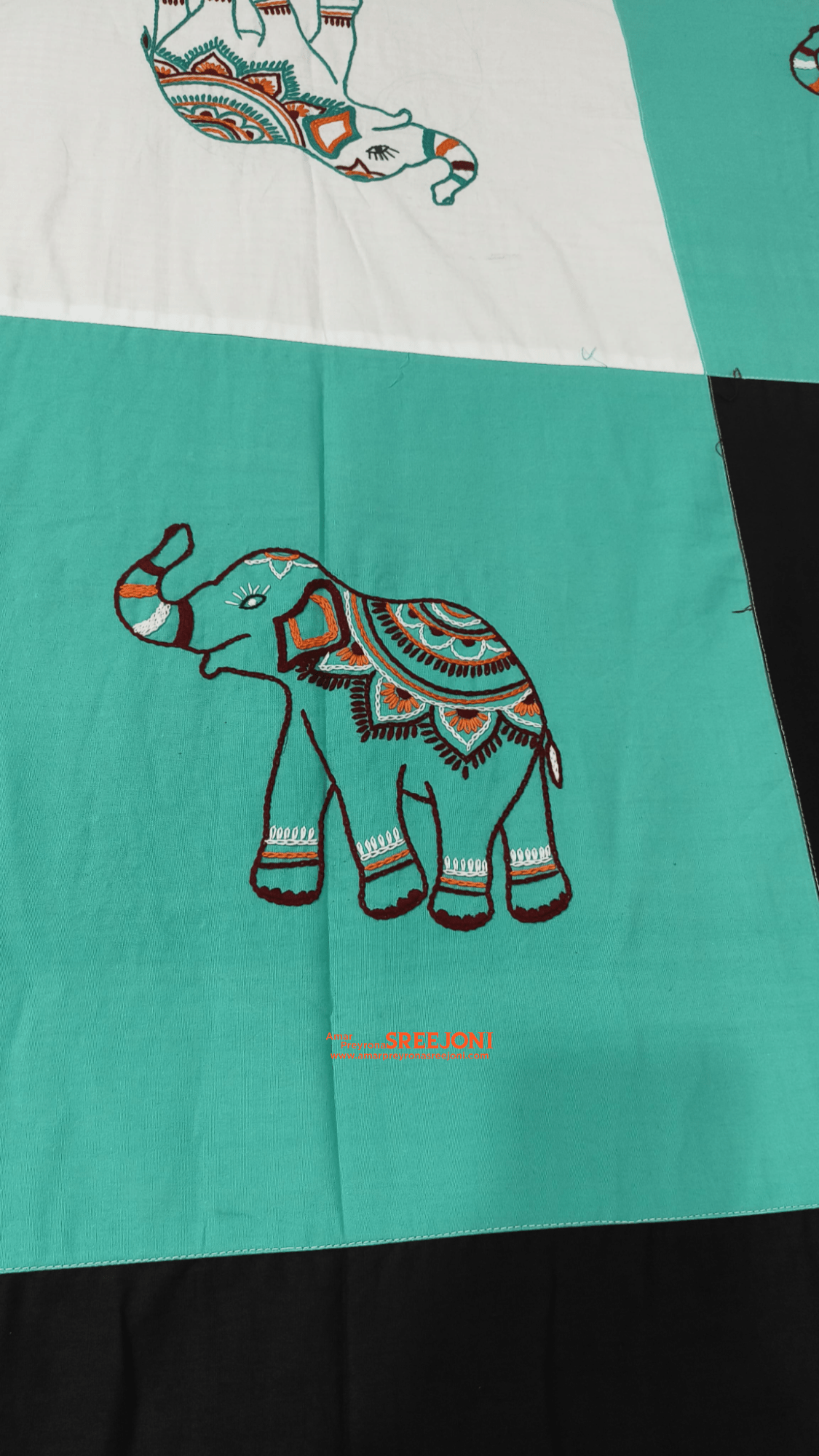 Hand embroided pure cotton maroon,white and green color combination double size bedsheet