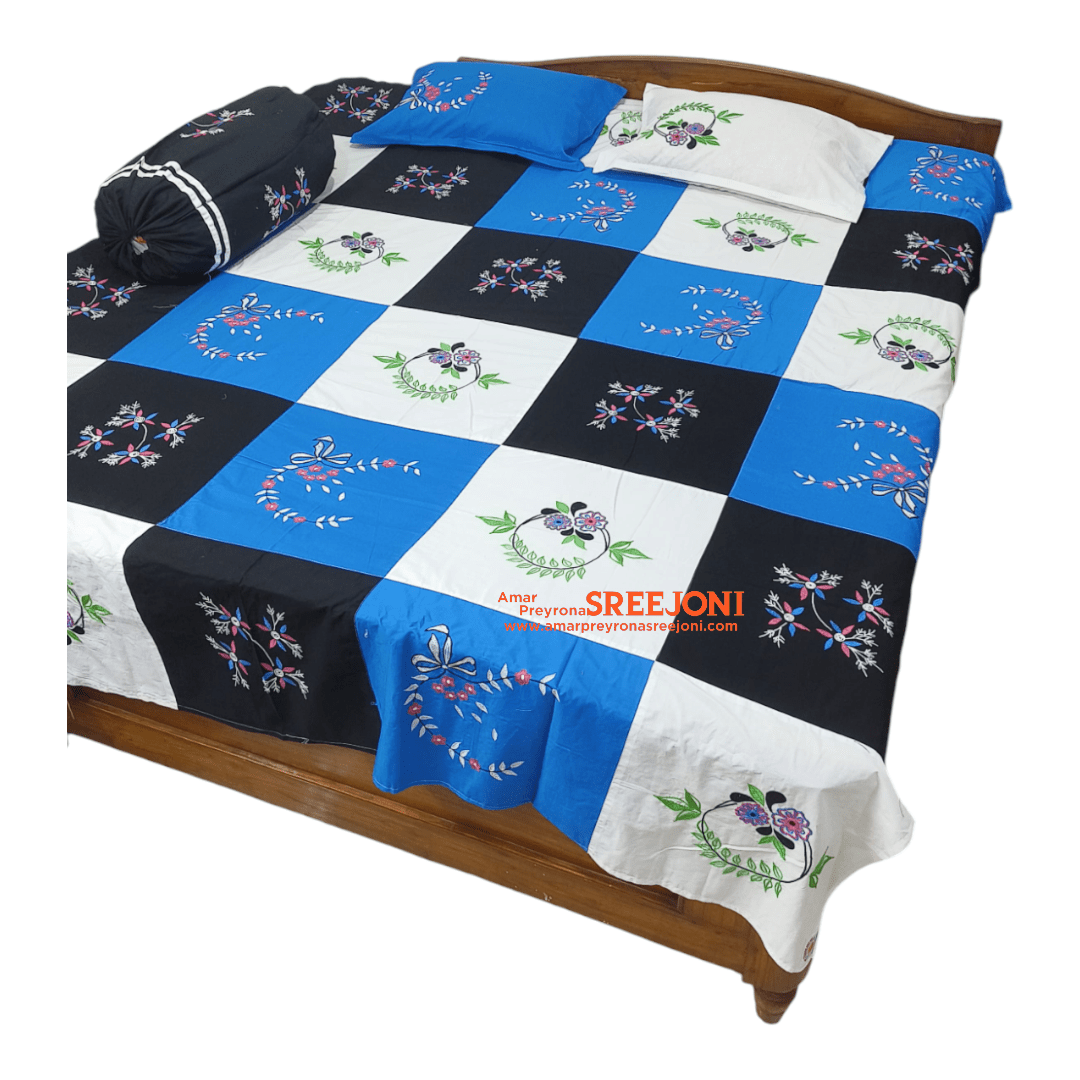 Embroided pure cotton double size bedsheet with 2pillow cover and 1 round pillow cover set