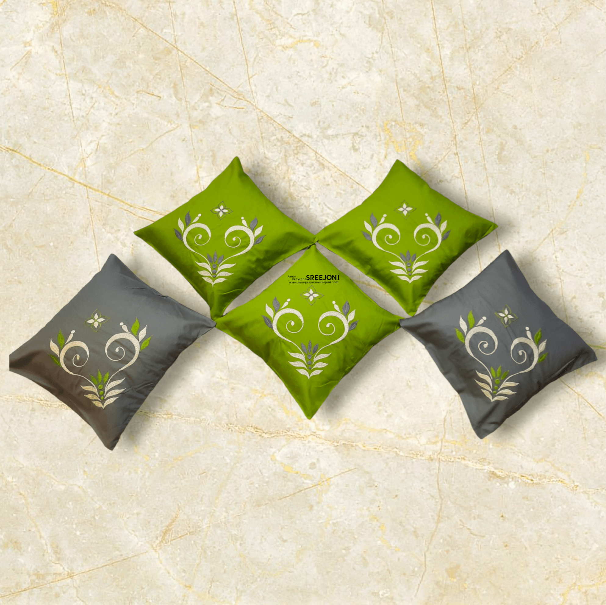 Embroided Pure Cotton Cushion Cover ( Olive Green & Grey)Five piece packet
