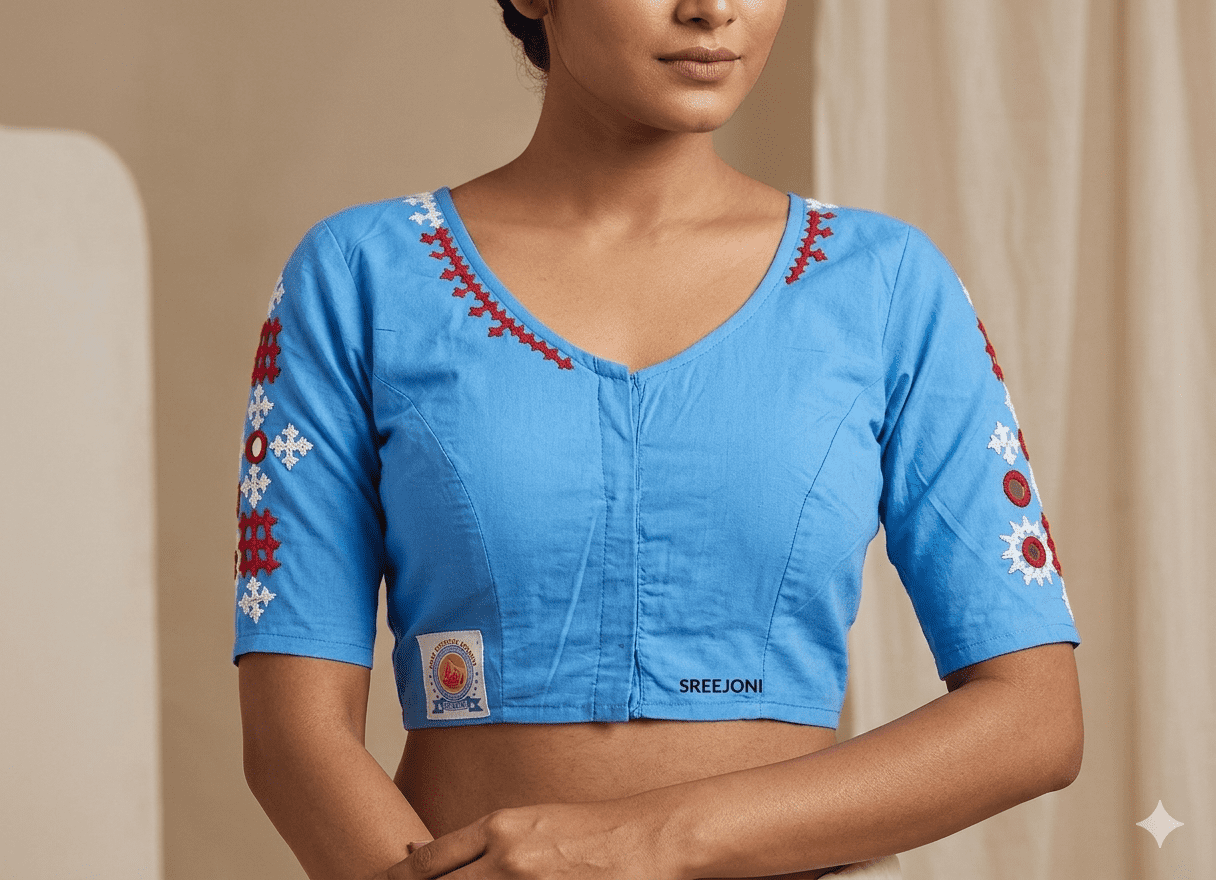 Hand embroided pure cotton blue color v-neck blouse