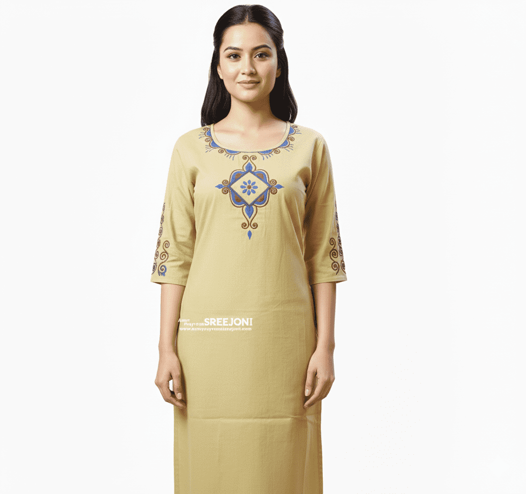 Hand embroided pure cotton Beige color Long kurti usable for women and girls