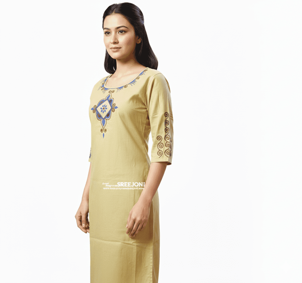 Hand embroided pure cotton Beige color Long kurti usable for women and girls