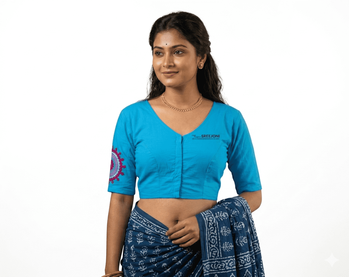 A very beautiful hand embroided pure cotton v-neck  blue color blouse