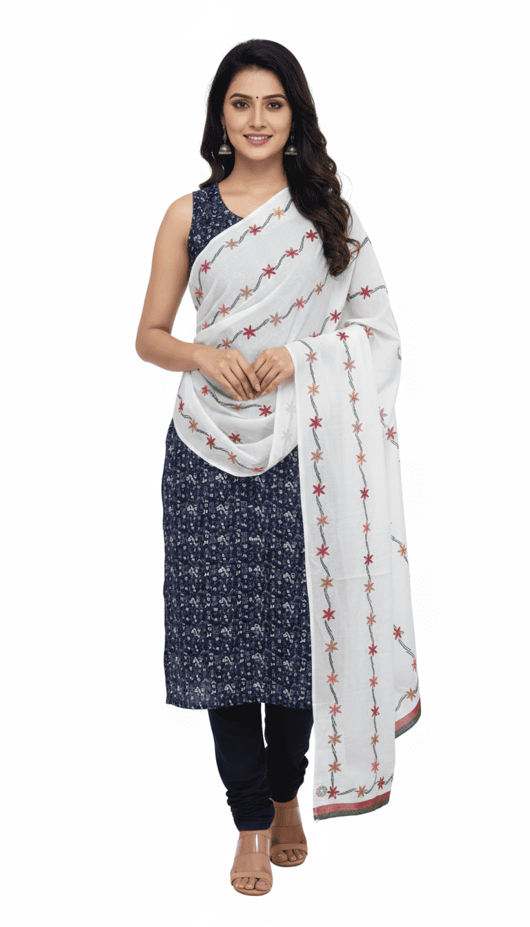 Hand Embroided attractive pure cotton white color long dupatta