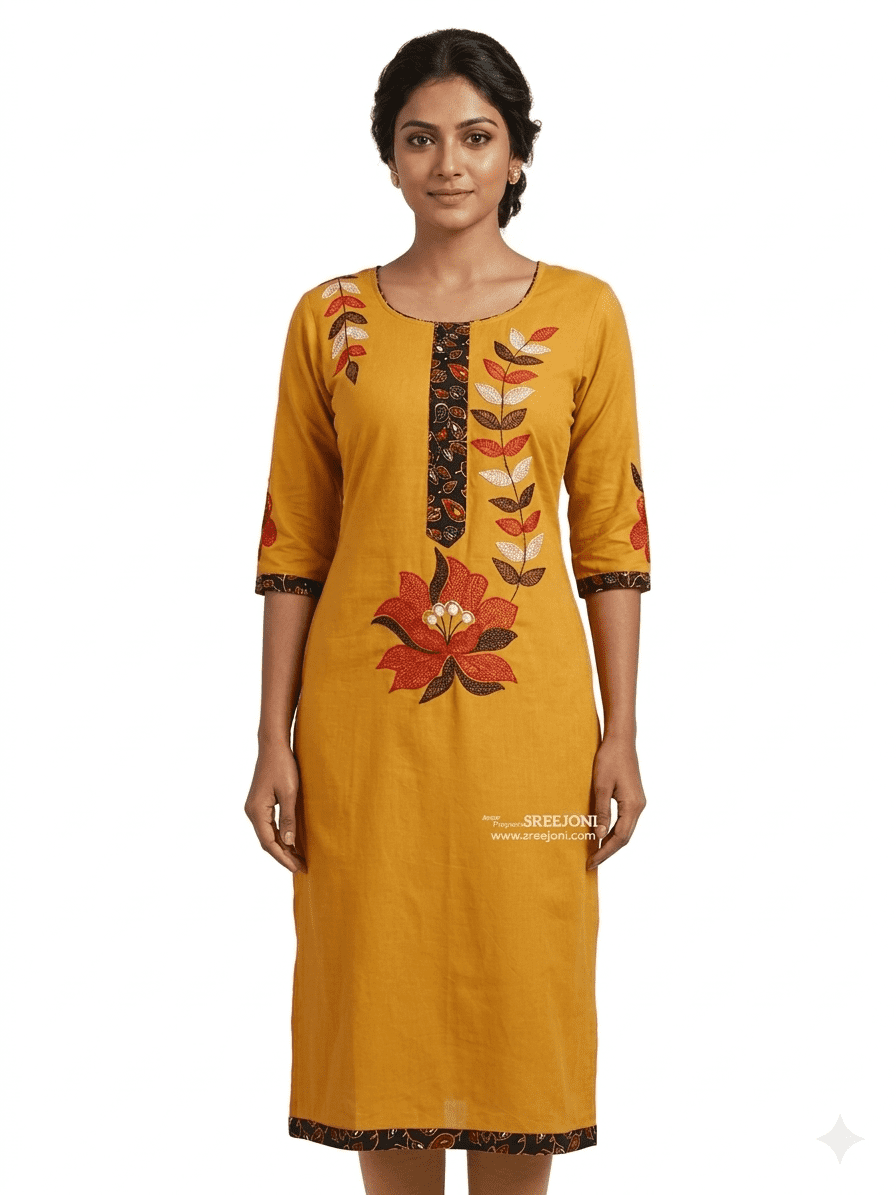 Hand embroided pure cotton Yellow color knee-length long kurti
