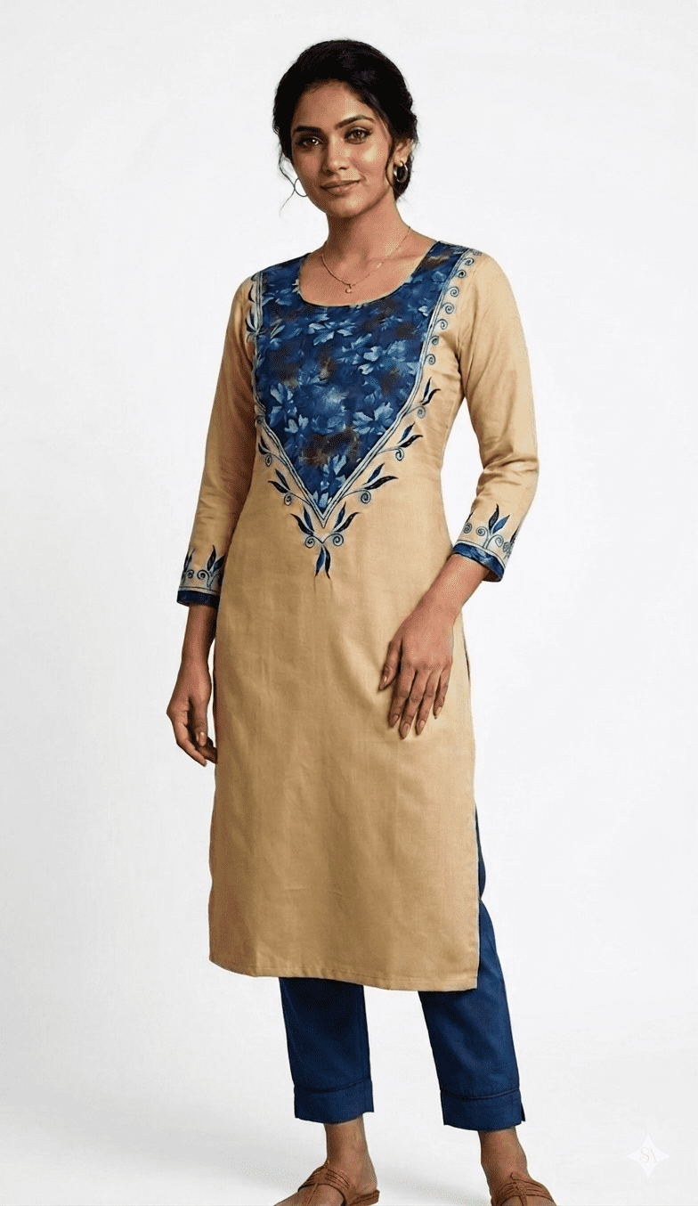 Embroided pure cotton beige color knee-length long kurti