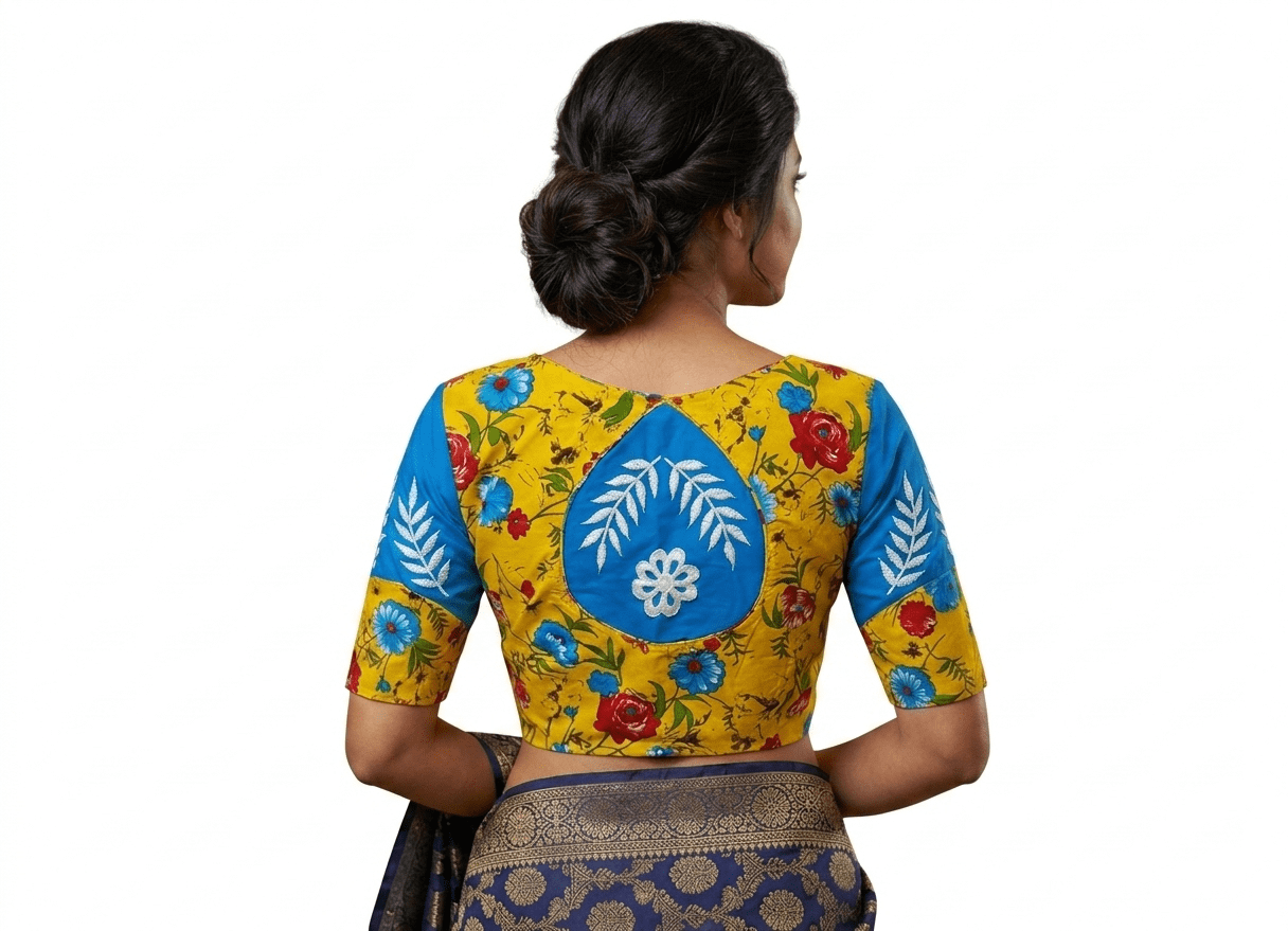 Embroided pure cotton v-neck yellow color blouse