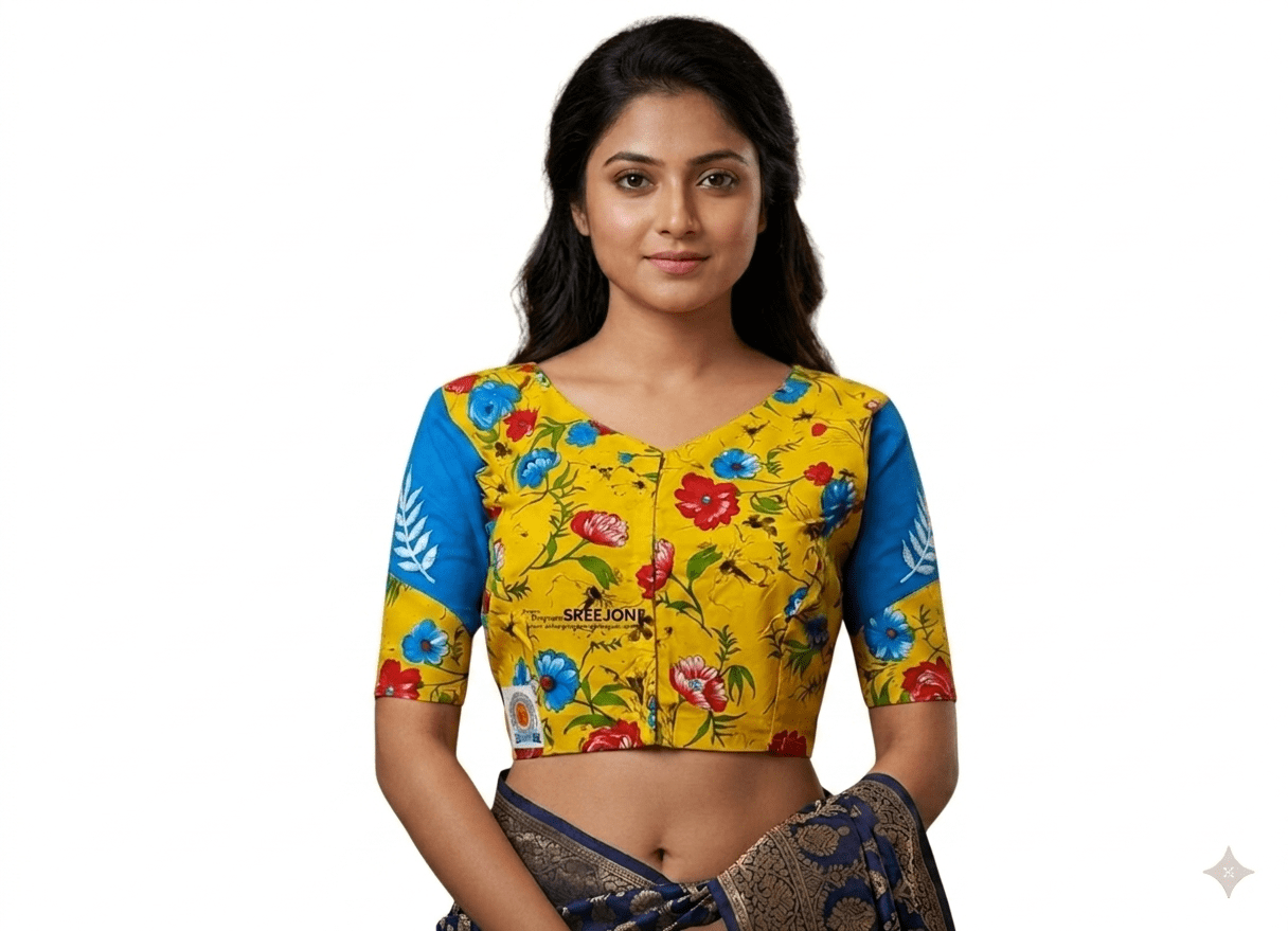Embroided pure cotton v-neck yellow color blouse