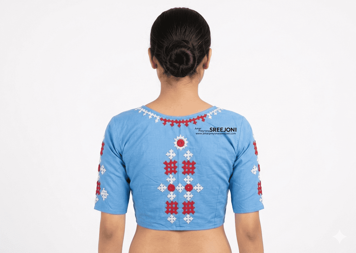 Hand embroided pure cotton blue color v-neck blouse