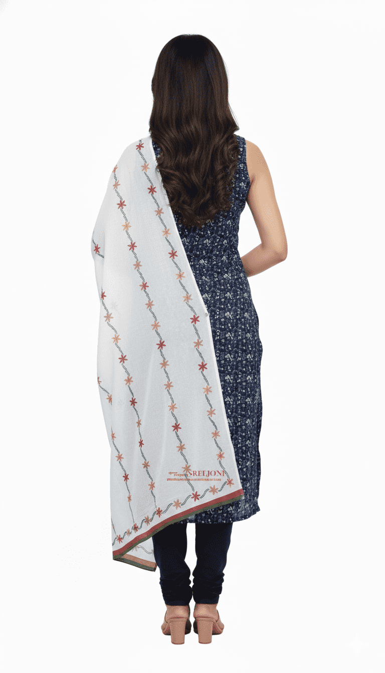 Hand Embroided attractive pure cotton white color long dupatta