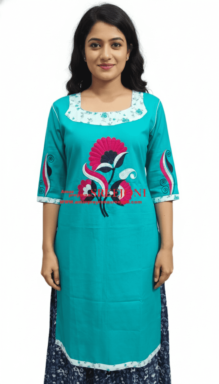 Hand embroided pure cotton sea-green color knee-length long kurti